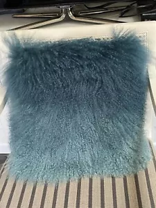 Set 2 cuscini in pelliccia di agnello mongolo blu turchese 100% autentici nuovi - Foto 1 di 5