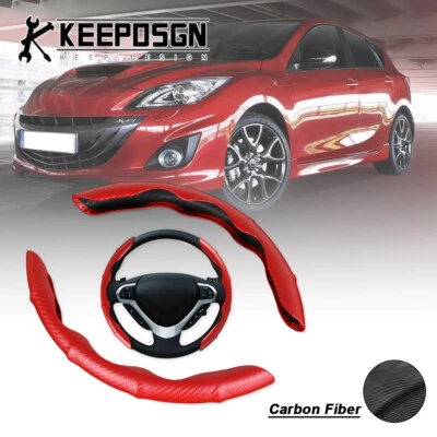 15'' inch Carbon Fiber Red Car Steering Wheel Cover Non Slip Leather for Mazda - Image 1 of 4