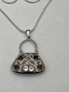 Solid 925 Sterling Silver CZ Fancy Purse Handbag Pendant w/ 18” Chain Necklace - Picture 1 of 21