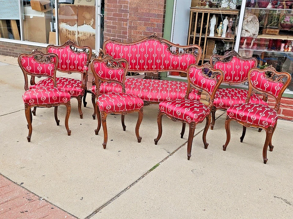 Французский антикварный барочный набор из 7 стульев-сетти в стиле рококо для гостиной резьба по дереву - Изображение 1 из 4