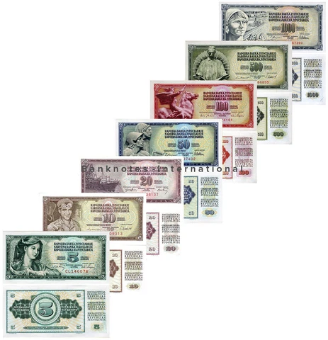 YUGOSLAVIA COMPLETE 7 NOTE SET 5 10 20 50 100 500 1000 DINARA 1968-86 UNC Cover
