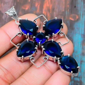Croix London Bleu Gemme Topaze Handmade Cadeau Bijoux Pendentif 2.56 " z385