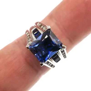 Emerald Cut Lab Created Sapphire Women's Wedding Ring 14K White Gold Plated - Picture 1 of 5