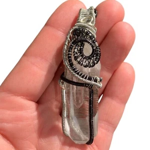 Large Quartz Pendant Silver & Black Wire Wrap Artisan Gift For Husband Necklace - Picture 1 of 17