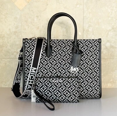 MICHAEL KORS MIRELLA MEDIUM TOTE SHOULDER BAG + WALLET MK GLITTER SILVER BLACK - Image 1 of 4