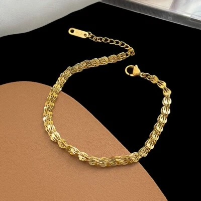 Brazalete trenzado lentejuelas estrelladas de acero inoxidable chapado en oro de 18 quilates para mujer de 3 mm Foto 1 de 4