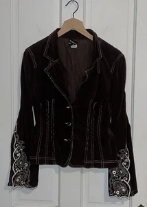 Vintage Y2K BEBE Dark Brown Embroidery Floral Boho Corduroy Bell Sleeve Jacket S - Picture 1 of 17