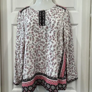 J Jill Bluse Blumen Tunika M Top Schlüssellochausschnitt Bordüre Print rosa schwarz elfenbein - Bild 1 von 9