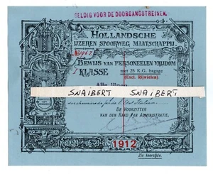 FERROVIA HOLLANDSCHE WZEREN biglietto gratuito di prima classe 1912 - Picture 1 of 2