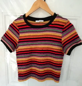 Zara M Black Multi Textured Ribbed Stretchy Cropped Blouse Top Frill Knit Style - Picture 1 of 8