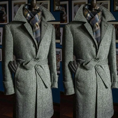 Gray Herringbone Men's Overcoat with Belt Outdoor Casual Winter Warm Long Coat - Image 1 of 4