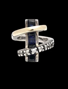 Vintage Jeffrey Levin Modernist Diamant Saphir Sterlingsilber 18 K Gold Ring Größe: 5 - Bild 1 von 8