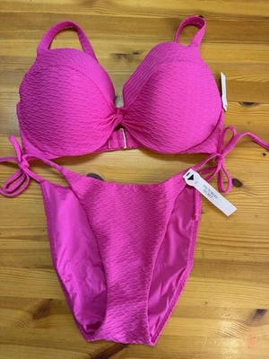 Conjunto de Bikini Victoria's Secret Swim 36D Icon Push Up Top M Lateral Tie Bottom Rosa Caliente Foto 1 de 4