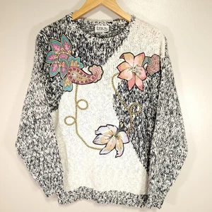 Vintage Y2K Erika Sweater Women's M/L Black & White Floral Appliques Pearl Beads - Picture 1 of 11