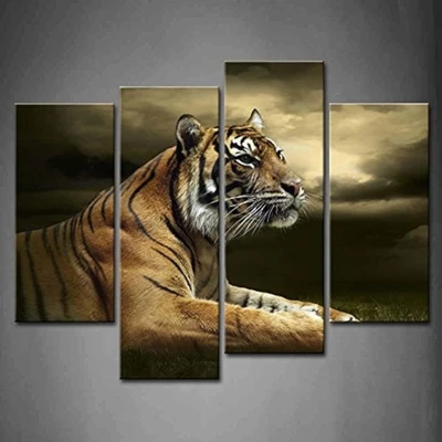 4 Panel Wall Art Tiger Looking and Sitting Under Dramatic Sky with Clouds Pai... - Image 1 of 4