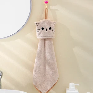 Cat Embroidery Towel Home Decor Super Absorbent Hanging Coral Velvet Hand Towel - Picture 1 of 12