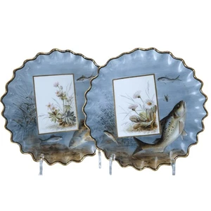 c1890 Aesthetic Movement Theodore B Starr New York Pair of Hand Painted Fish Pla - Picture 1 of 5