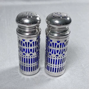 Godinger Shaker sale e pepe vetro cobalto blu cuori filigrana placcato argento - Foto 1 di 6