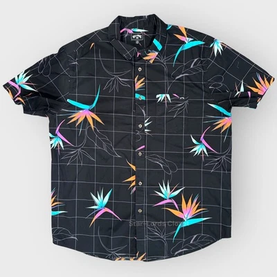 Billabong Mens XL Hawaiian Shirt Black Floral Plaid Button Up Button Down Surf  - Image 1 of 4