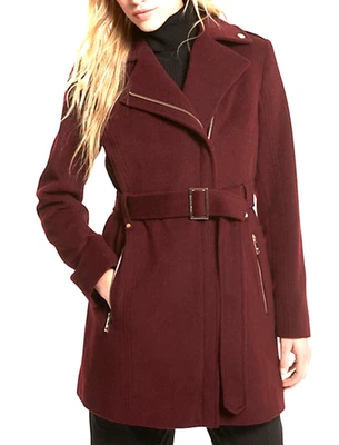 Michael Kors Wool Blend Burgundy Over Coat Womens Size SMALL Belted Gold Zippers - Image 1 of 4