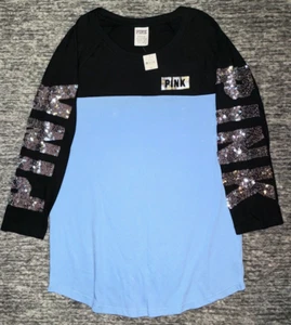 Victoria's Secret Pink Bling Perfect 3/4 Sleeve Tee Shirt Black Blue M NIP - Picture 1 of 7