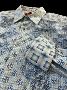 Robert Graham Wild Blue Shirt Size Large Paisley Embroidered Silk Trim Flip Cuff - Picture 1 of 12
