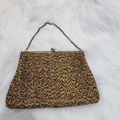 Bolso de mano vintage sin marca con cuentas de semillas de vidrio dorado, rojo y verde con mango de cadena Foto 1 de 4