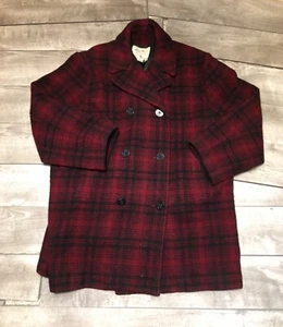 Vintage Eddie Bauer Red Black Wool Plaid Womens Peacoat Pea Coat Size XXL - Picture 1 of 11