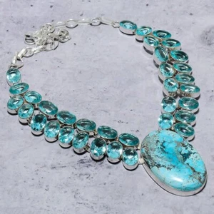 Tibetan Turquoise, Blue Topaz 925 Sterling Silver Jewelry Necklace 18" d796 - Picture 1 of 6