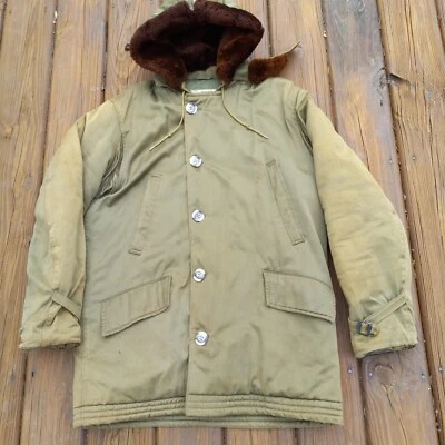 40 Distress PENNEYS Vtg  60s 70s Faux Lined Split Hood Winter Coat Flight Style - Image 1 of 4