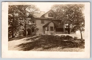 RPPC Boy on Trike by Home w/Gabled Bay Window~Huge Dormer~ Colonnade~Dandelions - Picture 1 of 2