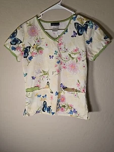 Cherokee Women's Scrub Top Sz XS  Floral Butterfly Print Yellow & Lime Green  - Picture 1 of 9