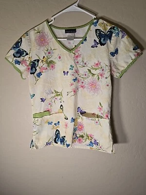 Cherokee Women's Scrub Top Sz XS  Floral Butterfly Print Yellow & Lime Green  - Image 1 of 4