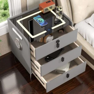 Dark Grey Three Drawer Tempered Glass LED Light Smart Bedside Table - Bild 1 von 10