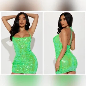 Neu mit Etikett Fashion Nova Kassidy Pailletten-Minikleid in hellem Kelly-Grün Übergröße 1X - Bild 1 von 11
