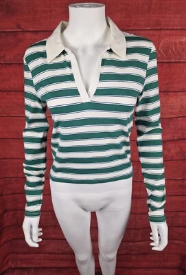 Mango V-neck Striped Polo Jersey Shirt Green White Size S - Image 1 of 4