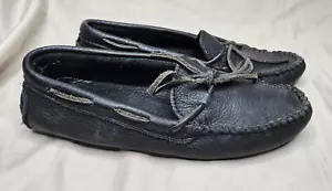 Minnetonka Mocassin Loafers Mens 8 Black Leather Round Moc Toe Slip On Slippers - Picture 1 of 9