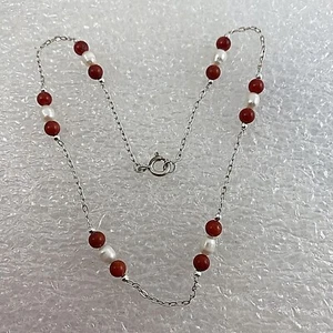 Handmade ~ Sterling Silver .925 Pearl & Coral 11 1/2" Anklet Ankle Bracelet - Bild 1 von 6
