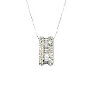 18K White Gold 0.70Ct Baguette & Round Cut Dropdown Diamond Pendant and Necklace - Picture 1 of 1