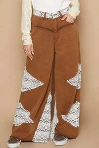 Pantalones POL de encaje parcheado tiro alto dobladillo crudo pierna ancha en marrón caramelo multi - Imagen 1 de 4