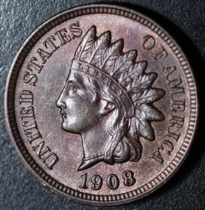 1908 INDIAN HEAD CENT - BU UNC - With CARTWHEELING MINT LUSTER & REPUNCHED DATE! - Bild 1 von 7