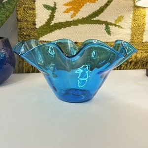Vintage Turquoise Blenko Glass 11” Ruffled Bowl Marked Beautiful - Picture 1 of 9