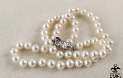 TASAKI 14k White Gold ~6mm White Round Pearl Strand 15" Choker Necklace - Image 1 of 4