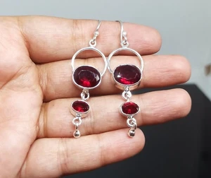 Red Garnet Gemstone Earring 925 Sterling Silver Handmade Jewelry - 2" - Picture 1 of 2