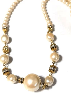 Liz Claiborne Faux Pearl Rhinestone Necklace ADJ 27" long Gold-tone VTG wh3-41 - Picture 1 of 6