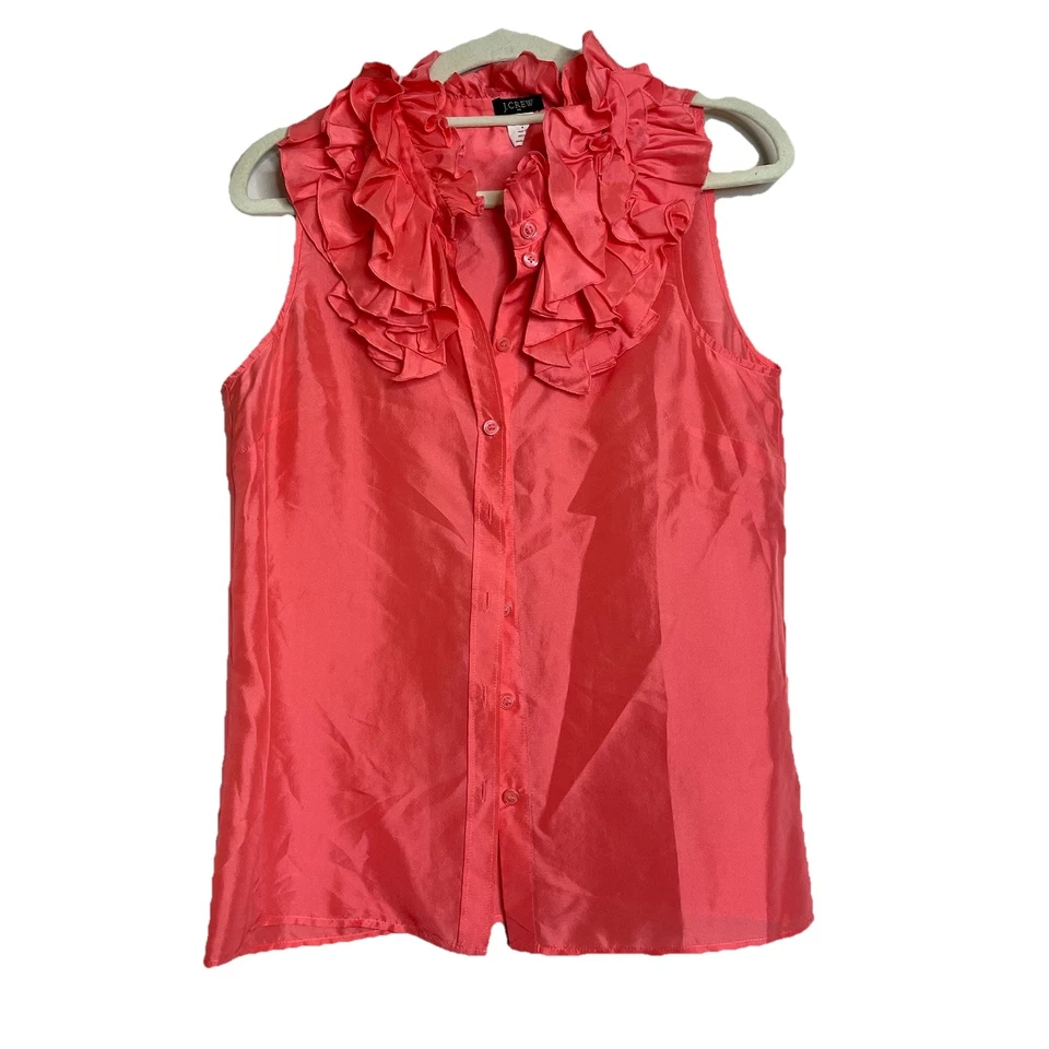 J Crew Size 4 Pink Silk Sleeveless Blouse Top Ruffle Collar Button Up Tank - Image 1 of 4