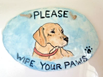 Ceramic Wipe Your Paws Dog Hanging Wall Plaque Retriever Dog - Image 1 of 3