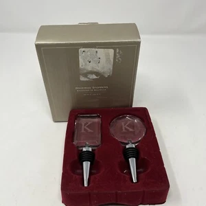 NEW 2PC Pottery Barn Bohemian Glass Bottle Stoppers Etched MONOGRAM K CLEAR - Picture 1 of 8
