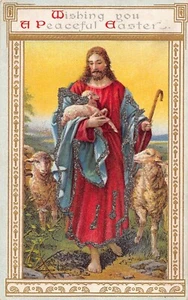 Ostern Ein friedliches Ostern Jesus wandelnd mit Lämmern Glitzer gold verziert - Bild 1 von 2