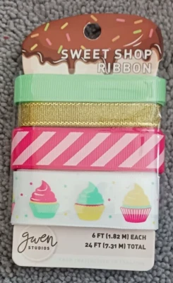 GWEN STUDIOS Sweet Shop Ribbon Gold Seafoam Pink Cupcakes 24 Total Feet - Image 1 of 2